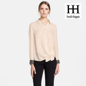 Haute Hippie Embellished Cuff Silk Blouse in Ivory